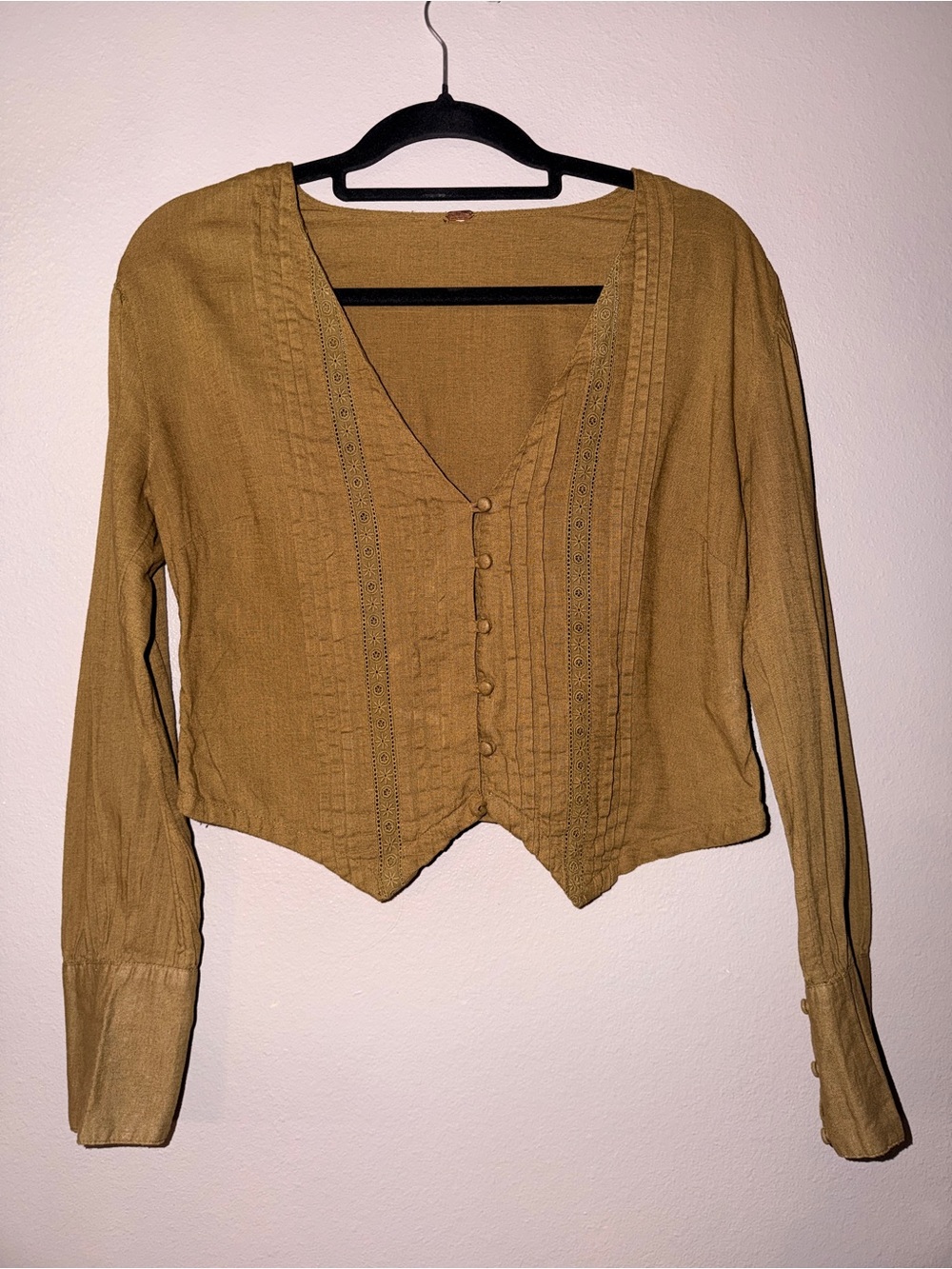 Free People Mustard Yellow Button-Front Pintuck Blouse